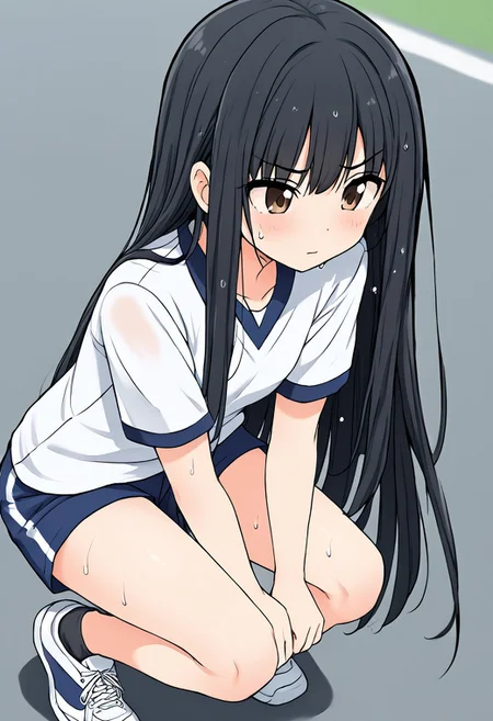 1gril, black hair, brown eyes, straight hair, very long hair, school gym uniform, blue shorts, white shirt, sneakers, sweating, hands on knees, outdoors, after workout