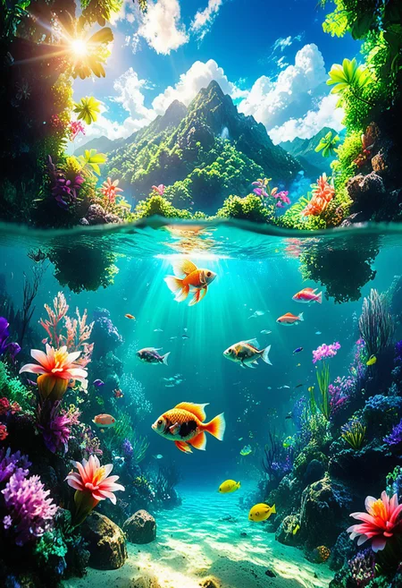 Lush green forest with exotic flowers, mountains, bright sunlight illuminates the crystal clear water (deep underwater), anime, half above water and half underwater (clear underwater), beautiful sky with clouds and smoke, tropical fish, depth
Masterpiece, vibrant colors, very detailed, midjourneyv6.1, Light Painting