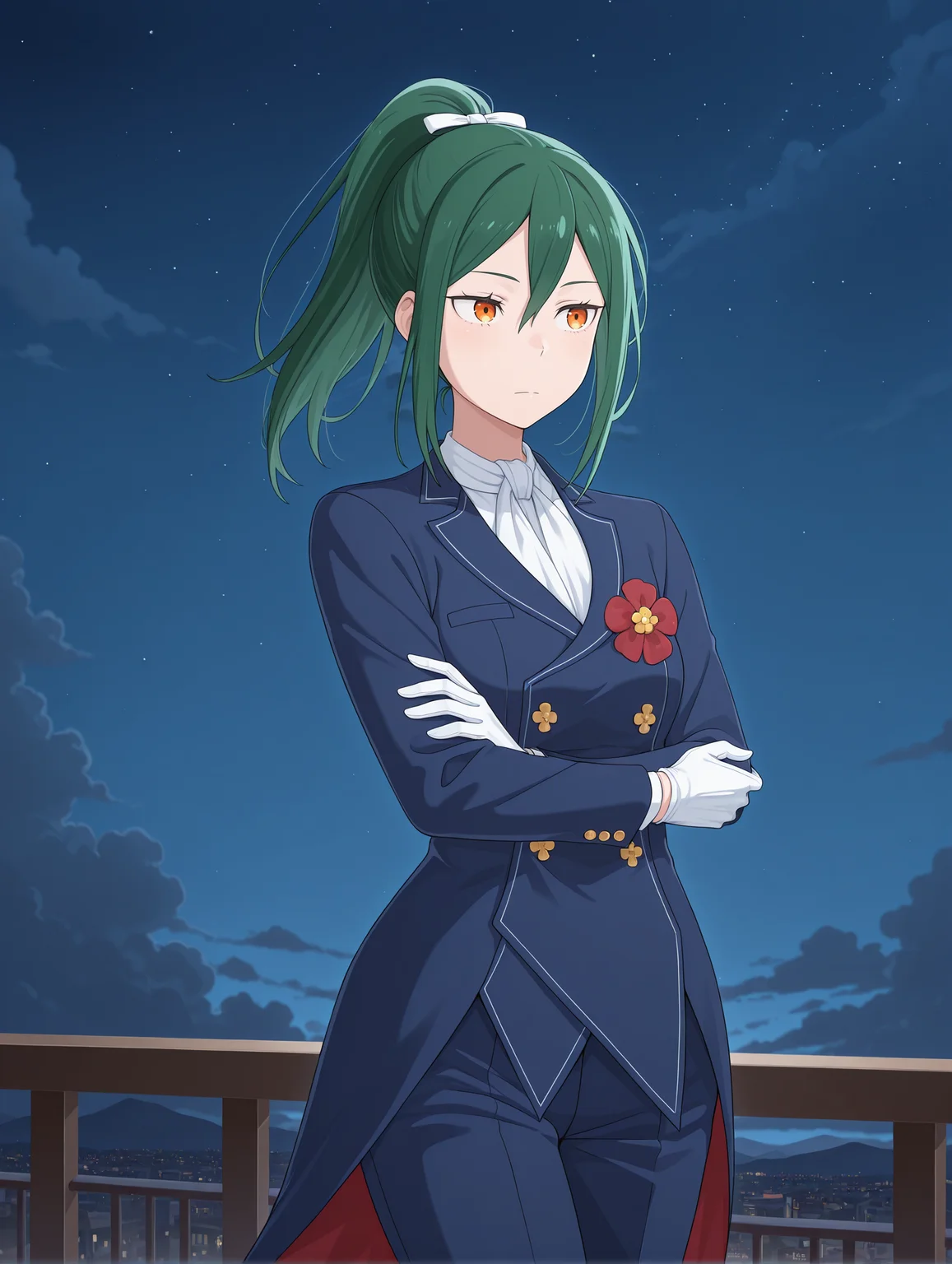 <lora:Crusch Karsten Illu:1>1girl, solo,
green hair, hair between eyes, cruschk4rsten, orange eyes
cruschformal, formal, blue suit, blue tailcoat, two-sided fabric, red tailcoat, blue pants, buttons, white neckerchief, white gloves, high ponytail, white hair ribbon, red flower,
crossed arms, looking to the side,
starry sky, cloud, outdoors, cowboy shot, upper body, night sky, balcony,
outdoors, sky, clouds,, masterpiece, best quality, amazing quality