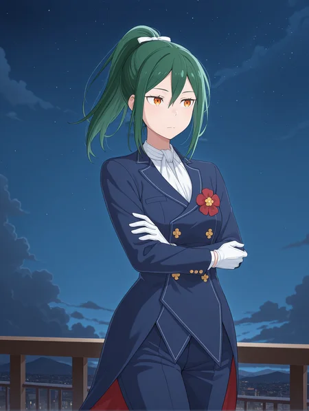 <lora:Crusch Karsten Illu:1>1girl, solo,
green hair, hair between eyes, cruschk4rsten, orange eyes
cruschformal, formal, blue suit, blue tailcoat, two-sided fabric, red tailcoat, blue pants, buttons, white neckerchief, white gloves, high ponytail, white hair ribbon, red flower,
crossed arms, looking to the side,
starry sky, cloud, outdoors, cowboy shot, upper body, night sky, balcony,
outdoors, sky, clouds,, masterpiece, best quality, amazing quality