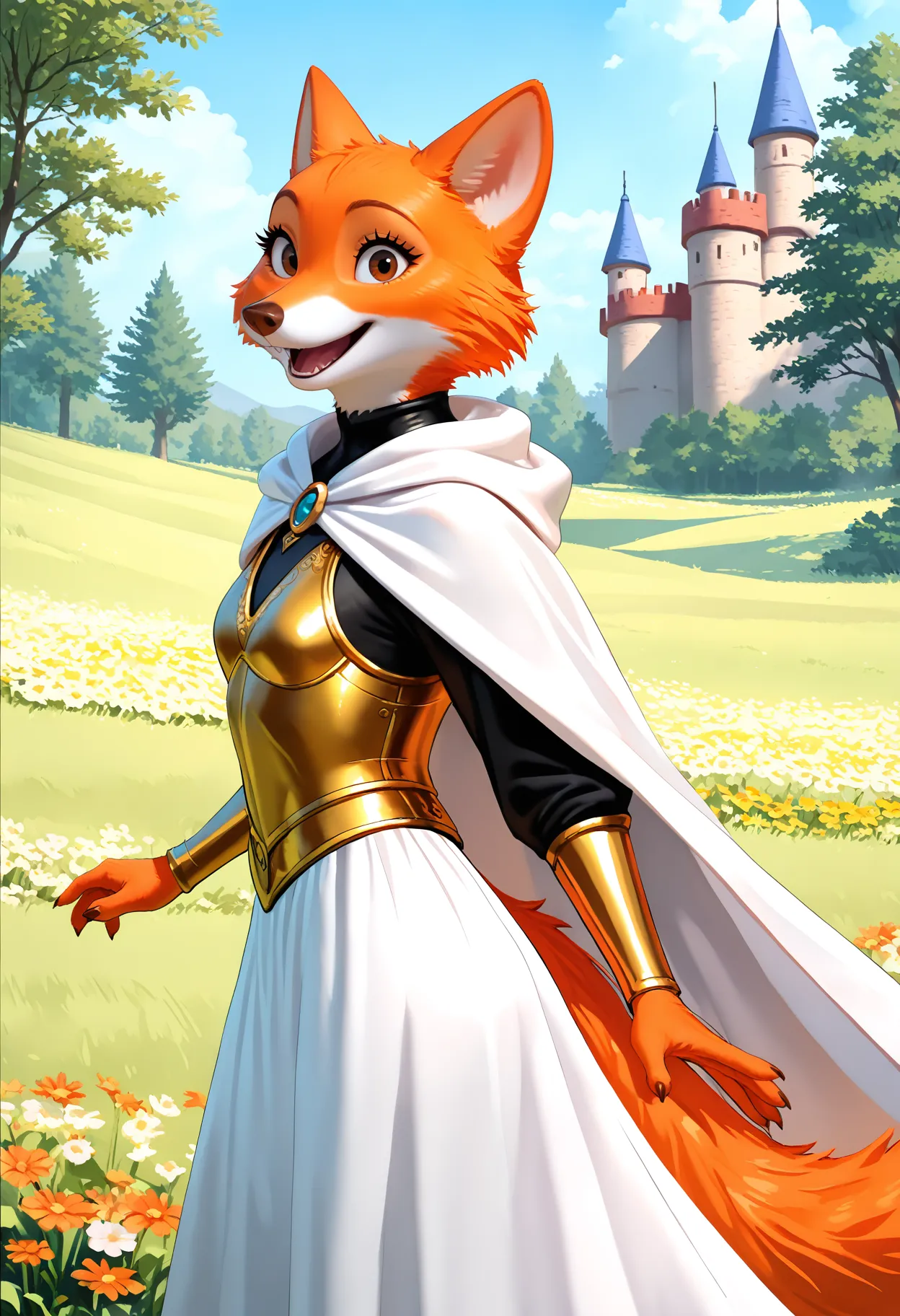 masterpiece, best quality, newest, absurdres, highres, safe, beautiful lighting, detailed, realistic, BREAK,
1girl, solo, marianc, fox, female, orange fur, brown eyes, brown nose, small ears, gold armor, armor, platemail, looking at viewer, from side, from front, happy, open smile, standing, arms_by_side, tail under clothing, cape, white cape, gold embroidery, white skirt, long cape, decorative pattern, black bodysuit, black underarmor, medieval, fantasy, smile, surprised, excited, front-split skirt, ears, detailed background, rolling hills, nature, castle, outdoors, flowers,
, <lora:Marian_v10Noob3-9s96:0.8>    <lora:noobai_ep11_stabilizer_v0.138_fp16:0.8>