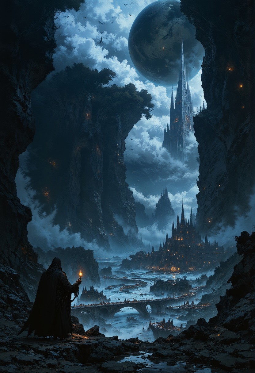 An evocative, narrative illustration shows a cloaked figure standing at the edge of a crumbling cliff, overlooking a sea of thick clouds beneath an enormous, glowing moon. The figure holds a lantern with a flickering, ghostly blue flame, which casts eerie shadows across the jagged rocks. In the distance, ancient, floating ruins can be seen partially obscured by mist, their broken spires and bridges hinting at long-forgotten civilizations. Dark birds circle the floating ruins, and faint, distant lights flicker within the clouds, suggesting life or perhaps something far more spectral. The atmosphere is foreboding and otherworldly, with the moonlight adding an ethereal, almost dreamlike quality to the scene.
