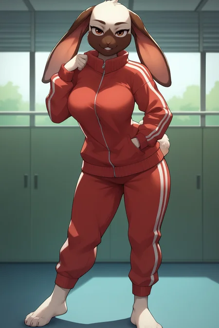 score_9, score_8_up, score_7_up, score_6_up, score_5_up, score_4_up, KyuuBSXL, anthro furry, furry female, white fur, two-tone fur, brown eyes, animal ears, rabbit ears, rabbit tail, snout, large breasts, red track jacket, jacket closed, red track pants, barefoot, solo, standing, seductive smile, looking at viewer, indoors <lora:KyuuBSXL:0.8>