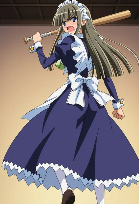 official art, detailed anime, finetuneanime,anime screencap, ultra detailed anime art, anime screencap, screencap, score_9, score_8_up, score_7_up, masterpiece, anime coloring, source_anime, Fubuki Maid, 1girl, solo, maid, maid headdress, blue eyes, blush, maid, green ascot, jewelry tie, sidelocks, long hair, large breast, curvy, large hips, pantyhose, shoes, cinnamon gray hair, sidelocks apron, blue dress, white pantyhose, blunt bangs, white patent cuffs, long sleeves, frills, juliet sleeves, maid apron, mary janes, very long hair, puffy sleeves, hair over eyes
BREAK
fullbody shot, looking at viewer, baseball bat on hand, side view, ass, back, angry, anger, open mouth, very angry, standing, stand up, dynamic pose,