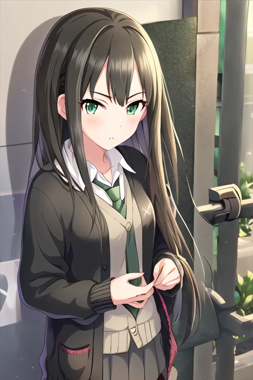 Shibuya Rin, 1girl, black cardigan, black hair, blush, breasts, cardigan, earphones, green eyes, green necktie, long hair, looking at viewer, necktie, shirt, skirt, small breasts, white shirt
<lora:deresute-000016:1>