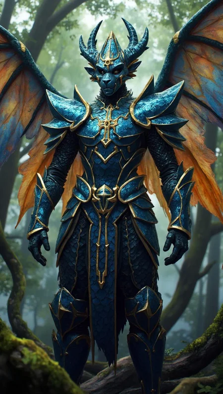 <lora:ck-LttleGhost-000011.safetensors:1> in the style of ck-lttlegh0stIn this breathtaking image, a fantastical dragon knight armor dominates the scene, adorning a figure from head to toe in shimmering metallic blue scales adorned with amber and gold accents. Shoulder pads shaped like fins complement matching arm and leg guards, while an intricate cross pattern on the chest plate adds an air of mysticism. Wings sprout from the shoulders, their vibrant gradient of blues and oranges shifting in hue as they seem to defy gravity. A low-angle shot captures the grandeur and power of this fantastical armor against a mystical forest backdrop.