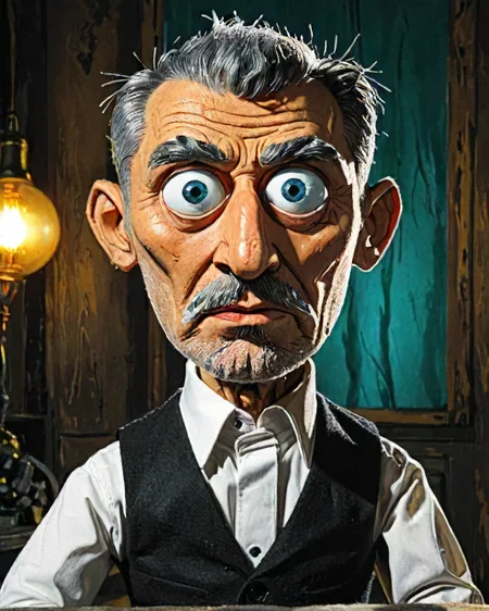 In a felt puppet world style, action shot of (1man, old russian male:1.2), wise, turquoise eyes, graying hair, buzz cut, orbitgood-SDXL, OverallDetail-SDXL, <lora:Felt-Puppet-base-v1-000008:0.7> <lora:The_Pulp_Session:0.8> pulp neo-noir investigation, <lora:!action-sdxl-V0.5:0.7>