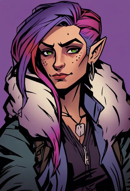 high-definition 8k comicish artwork in dgst artstyle of a closeup with a studio background of a 31 year old woman with long rainbow-colored hair in a sidecut hairstyle with a soft smile and freckles and pointed elf ears wearing a black jacket with fur and a purple tshirt