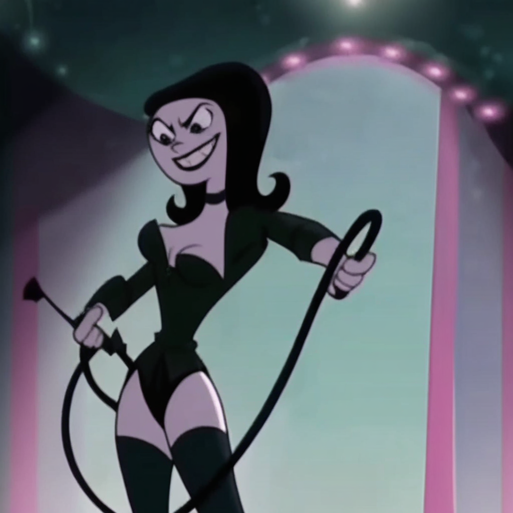 score_9,score_8,score_7, cabaret_girls, boys_night_out_girls, boys_night_out, cartoon girl, female, official art, official style, 1girl, solo, whip, breasts, smile, black hair, grin, medium breasts, long hair, thighhighs, dominatrix