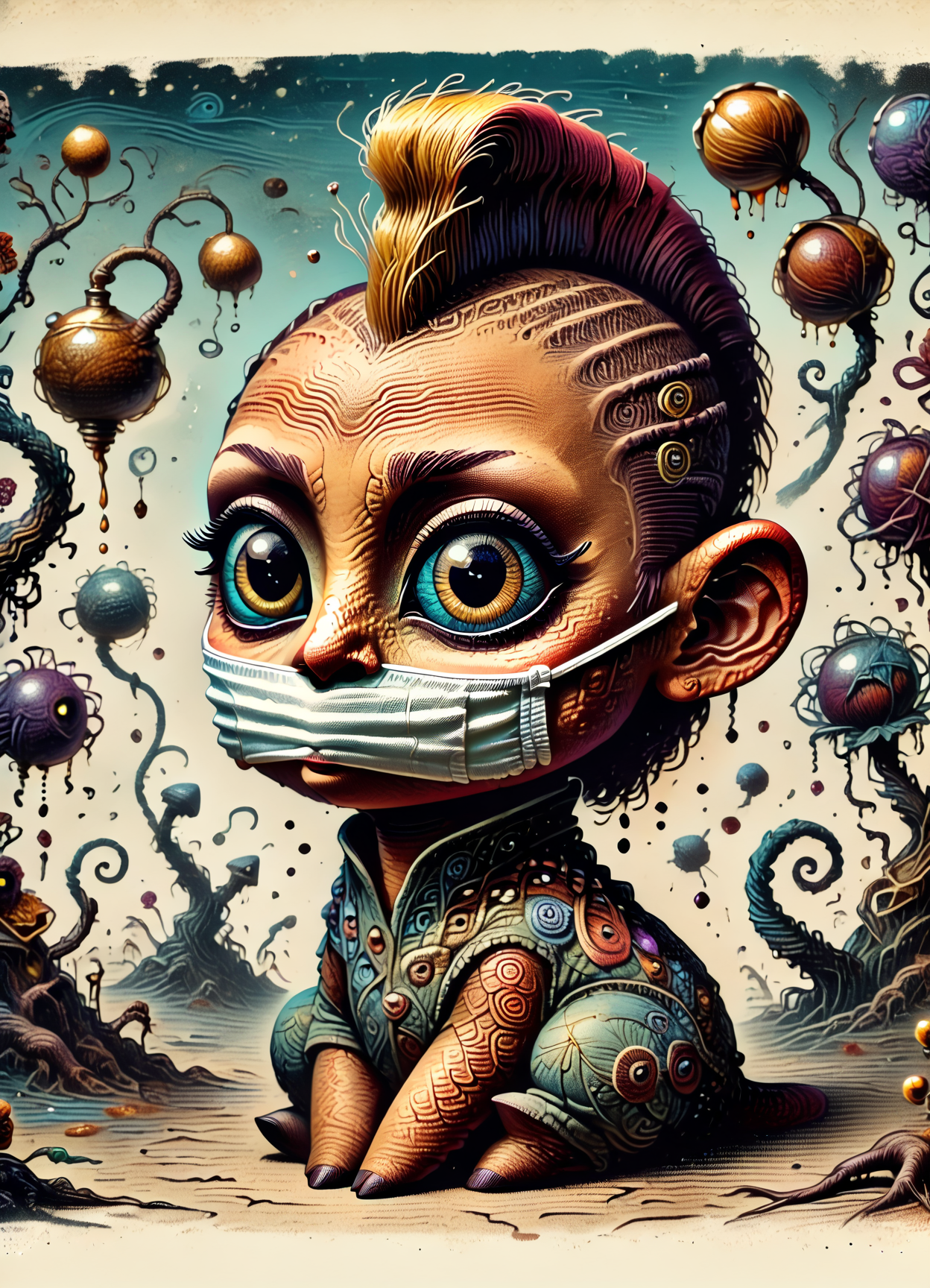 DonM5by55Pr1n7XL, score_9, score_8_up, score_7_up, score_6_up, abysal, 2d illustration, female early twenties, hourglass, sub-saharan african, golden eyes,  upturned nose,  unusual jaw, sunken cheeks, flat forehead, heart face shape with pointed chin, sculpted cheekbones,  thin lips, honey blonde mohawk hair, loneliness wearing coralreef    damask    scallop cropped cargo pants, patterned satin blouse,   surgical mask ,,, sitting crossed-legged, relaxed,  rating_safe  <lora:DonM5by55Pr1n7XL-pony:1.1>