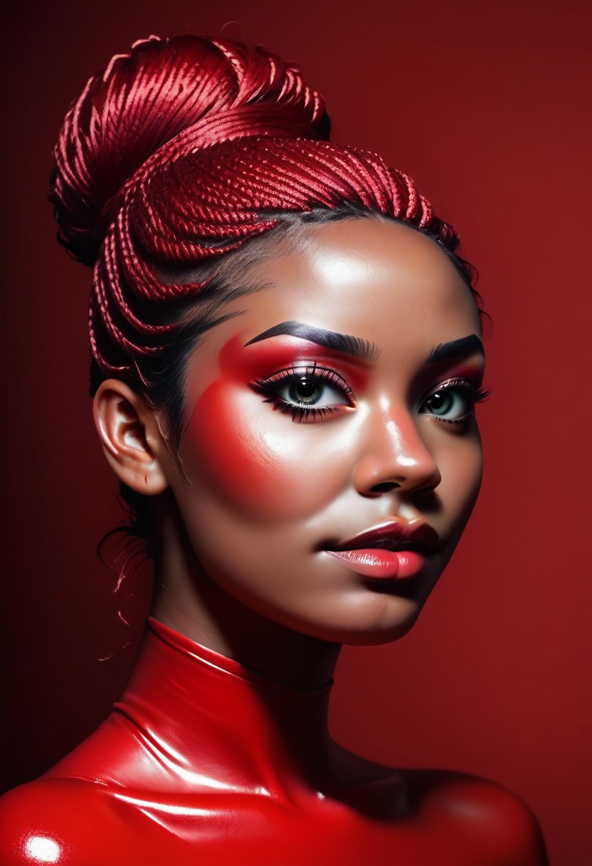 score_9, score_8_up, score_7_up, 1 woman, dark skin, long thick black2red box braids, updo, portrait,close up, b0ll4nd, beautiful, supermodel, red latex bodysuit, DRKDL, dramatic lighting,skin texture style, detailed skin pore, detailed skin, realistic skin