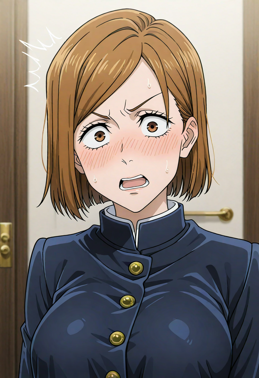 masterpiece, best quality, absurdres, highres, detailed background, <lora:hyperSD8:1>,
 <lora:KUGISAKI_NOBARA:1>  1girl, kugisaki nobara,  embarrassed, blush, surprised,