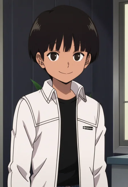 source_anime,anime screencap, anime coloring,intricate details,rating_safe, masterpiece, best quality,
(best quality, absurd res, ultra detailed),,(4 finger:0.5),1girl, ((solo)), good eyes,perfect eyes,,detailed eyes, zPDXLxxx , zPDXL3, OverallDetail,detailed, detailed face
BREAK
solo,indoors,standing,front view,
Yukari, 1girl, tomboy, dark-skinned female, short hair, black hair, black eyes, white jacket, black shirt, open jacket, shorts,
smile, looking at viewer,
, <lora:add-detail-xl:5>   <lora:Yukari_Obishima:0.8>