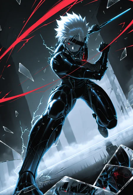 masterpiece, best quality, newest, absurdres, highres, 1boy, male focus, RaidenMGRDef, cyborg, bodysuit, eyepatch, mechanical chin, white hair, short hair, spiked hair, <lora:RaidenMGRR_illusXLNoobAI_Incrs_v1-000013:1>, muscular male, solo,
sword, holding sword, electricity, thunder, foreshortening, dutch angle, outdoors, red aura, angry, unlimited blade works \(fate\), blood, fighting stance, battle, motion lines, motion blur, abstract, breaking, shattered, glass, broken glass, monochrome, spot color, blue and black theme, dark, black rose, thistles and thorns, flora, black and thick liquid, fog, underlighting, strong visual impact, film lighting, (different reflection, reflection, glass shards:1.2), An ethereal sketch using lineart techniques and wet on wet painting, shatter across face, <lora:Detailer_NoobAI_Incrs_v1:1.1>, detailed, slashing, <lora:BrokenGlass_illusXL_Incrs_v1:0.6>, time paradox, running,