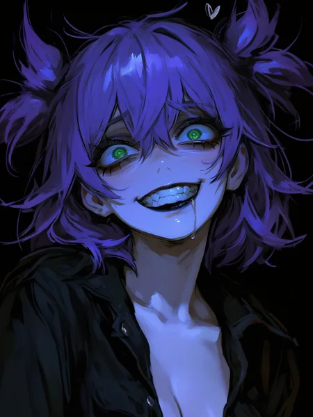 masterpiece, best quality, absurdres, highres, very awa, 
<lora:un-30:1> unlblch, 1girl, solo, purple hair, two sides up, short hair, green eyes,  
 horror \(theme\), solo, female,  black lips, clenched teeth, stare, wide eyed, grin, insane, insane eyes, messy hair, drooling, eyeliner, eyelashes, open clothing, heart symbol,  <lora:748cmSDXL:1> 748cmstyle