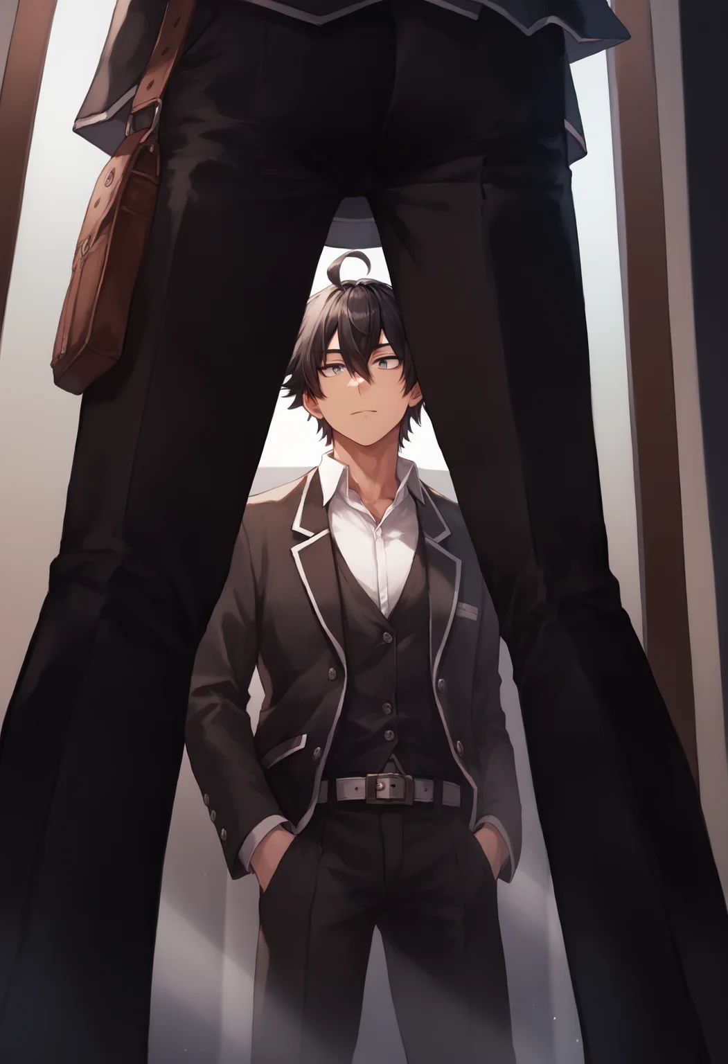 score_9, score_8_up, score_7_up, source anime, hikigaya hachiman, 1boy, ahoge, belt, black hair, sanpaku, hand in pocket, black jacket, blazer, collared shirt, hair between eyes, school uniform, sobu high school uniform, white shirt, short hair, solo, ass, reflection, view between legs, mirror, <lora:view_between_legs-xl-pony-v1-000004:1>, <lora:cw_all-xl-pony-v1:1>,