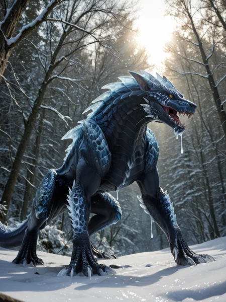<lora:MH_Lunagaron_a1_8_PonyXL:.7>, score_9,score_8_up,score_7_up, nature photography, (Close up, extreme closeup, extreme portrait:1.1) 
, low angle shot shot , face focus,
mhlunga,solo,feral,detailed background,yellow eyes,black sclera,forest,snow,ice claws ,ice glass spikes,(made of glass:1.2),head down,
backlight, dramatic lighting, melting ice, dripping
hardlight , bloom, translucent glass, subsurface scattering, sharp hyper detailed, (shiny glass skin:1.2), (ultra-detailed scales:1.1), bright highlights, <lora:RM_Enhancer_v1.0_bf16:.1>  <lora:sdxl_glass:1> <lora:p:.2> <lora:Add_More_details_SD3:.5>