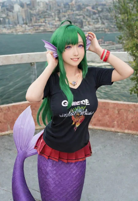 safe_pos, score_9, score_8_up, score_7_up, 1girl, high resolution, gorgeous, absurdres, best quality, photorealistic, realistic, cosplay photo, female focus, Izobel Seaweed, green hair, purple eyes, ahoge, side bangs, hair over breasts, large breasts, long hair, monster girl, mermaid, mermaid tail, head fins, purple tail, scales, Black t-shirt, red skirt, pleated skirt, shell necklace, bracelets, outdoors, city, smile, solo