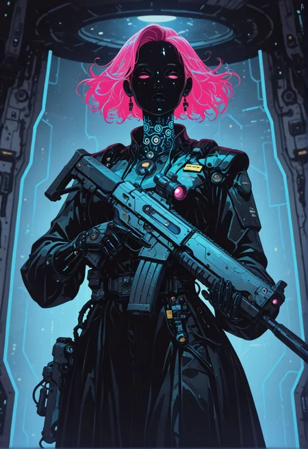 <lora:ck-shadow-circuit-IL:0.8>, 
masterpiece, best quality, good quality, very aesthetic, absurdres, newest, 8K, depth of field, focused subject,
in the style of cksc, whimsical ghostly woman hkbeauty, trigger discipline, otherworldly sci-fi weapon rifle,
 <lora:MoriiMee_Gothic_Niji_Style_Illustrious_r1:0.50> 
<lora:ck-nc-cyberpunk-IL-000011:0.3>
 timewarp, warphole, nistyle Incorporate dynamic lighting with glowing accents and sharp highlights, emphasizing a polished, high-tech appearance. Backgrounds should feature bold, geometric patterns or abstract digital elements, such as grids, streaking lines, creating a sense of motion and energy. Surfaces should appear reflective or metallic, with fine attention to detail in textures and shadows. The composition should feel cinematic and intense, with a focus on clean, precise lines and a sense of technological sophistication.
