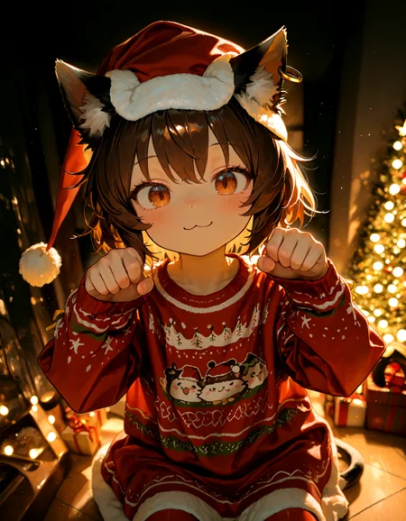 Christmas, dress, red pantyhose ,Christmas sweater,santa_hat ,
1girl, solo, chen, soft lighting,looking at viewer, :3 ,paw_pose
masterpiece, best quality, amazing quality, very aesthetic, absurdres, newest, (volumetric lighting),
<lora:world_christmassweater:0.5>,<lora:cfg_scale_boost:0.5>, <lora:ponyv5_noobE11_1_adamW:0.5>, <lora:illustrious_noobai_epsilon_pred_1_best_quality_v1:0.5> ,<lora:illustrious_noobai_epsilon_pred_1_masterpieces_v1:0.5> ,<lora:illustrious_noobai_epsilon_pred_11_very_aesthetic_v1:0.5>