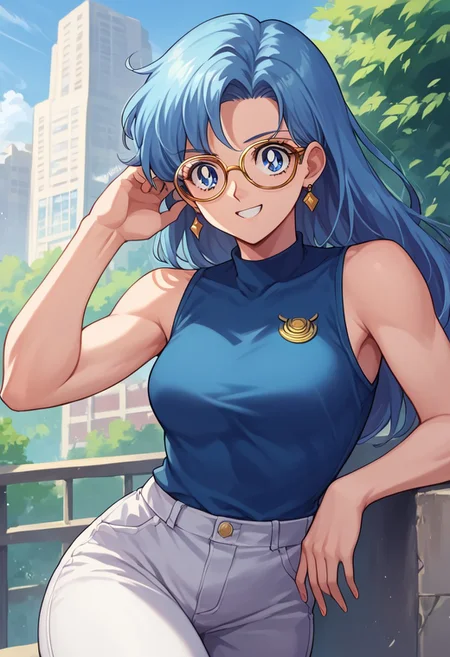 (masterpiece), best quality, a 19 year old girl with (long blue capri hair) and blue eyes, she wears a navy blue sleeveless shirt, white pants and glasses, she has a little muscle, smiling, score_9, score_8_up, score_7_up, source_anime, score_9, score_8_up, score_7_up, sm90s