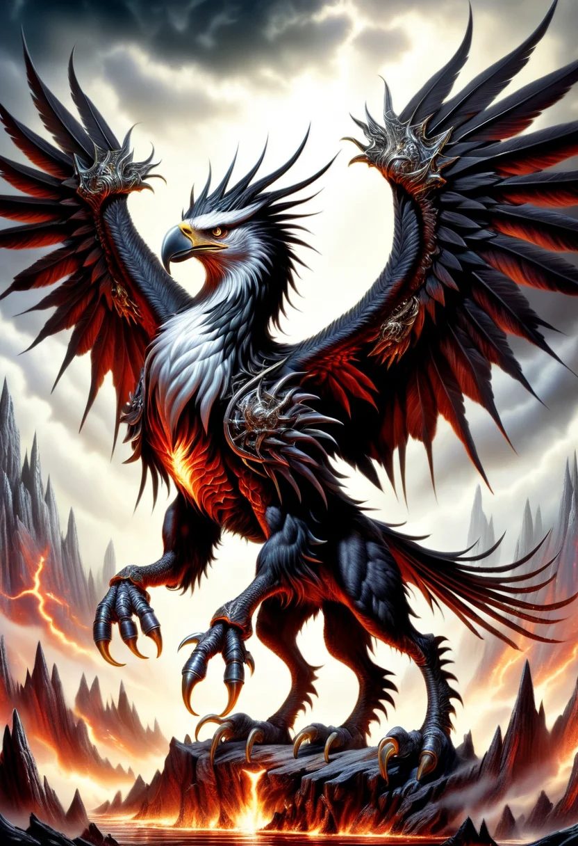 DonMD347hM374lXL jabberwocky, mythical creature, horse's body and hind legs, eagle's wings and front claws, majestic and powerful appearance, feathered wings and mane, eagle like head and beak, strong and noble posture, symbol of chivalric romance, mythology, bravery, strength,, death metal <lora:DonMD347hM374lXL:1>
