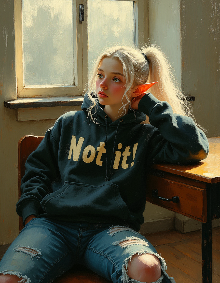 masterpiece, high quality, Oil Painting, Hyper-realistic, hyper-detailed picture of a bored young teen elf student with long elf ears and pale white skin lounges petulantly in her school desk chair. Afternoon light streams through the windows, highlighting her green eyes and white ponytail. She is wearing an oversized, dark colored hoodie with bold typography that reads "Not it!" in cream-colored letters, and ripped blue jeans, reflecting her casual, detached demeanor. 
The background features a serene, sunlit classroom with warm, natural lighting streaming through tall windows, casting soft shadows across the polished wooden floor. Dust particles sparkle subtly in the sunlight, enhancing the peaceful and dreamy atmosphere. The artwork captures realistic fabric textures, detailed highlights, and smooth shading, creating a balance between fantasy and realism. The painting shows shadow and light, Masterpiece, intricate lines, intriguing atmosphere, sharp magnificent details, delicate features, elaborate details, (2\3 rule composition:0.5), ultra detailed, romantic, Rembrandt lighting, brush stroke, lovely, del1cate_balance style, novuschroma, in the style of Rembrandt. vantablack <lora:style_of_Rembrandt_FLUX_135:.8> <lora:- Flux1 - vanta_black_V2.0:.3> <lora:Delicate_Balance:.3> <lora:113_novuschromaFLX_1:.4> <lora:neeeg_f1:-1>