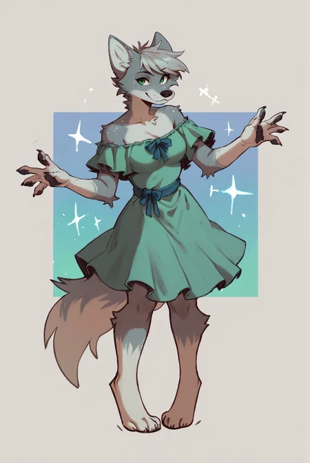 score_9, score_8_up, score_7_up, female, furry, solo, wolf, grey fur, freckles, short grey hair, swept bangs, green eyes, frilled green dress, off shoulder, dancing, blue sparkling background, looking at viewer, smile, breasts, hourglass figure, by melak, <lora:by_melak-v1s400:1>