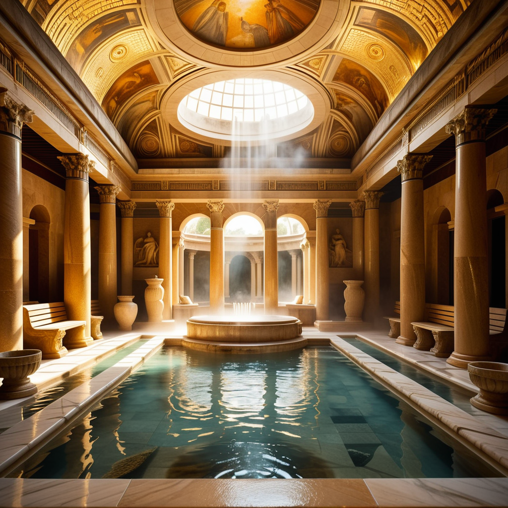 A highly detailed and realistic photograph of an ancient Roman sauna (thermae) from the time of Caesar, featuring grand marble architecture with intricate carvings and columns. The central bath is filled with steaming water, surrounded by polished marble tiles and mosaics depicting mythological scenes. The room is illuminated by natural light streaming through small openings in the high, domed ceiling, creating soft shadows and reflections on the water's surface. The atmosphere is hazy from the steam, and a few individuals dressed in Roman togas and tunics can be seen reclining on benches or chatting near the bath. The overall color palette includes shades of white, gold, and earthy tones, emphasizing the luxurious and serene environment.<lora:SDXLFaeTastic2400:0.4> <lora:extremely_detailed:0.4> extremely detailed, Masterpiece,best quality,hi res,8k,hi res,8k,award winning,(sharp focus, intricate, highly detailed),