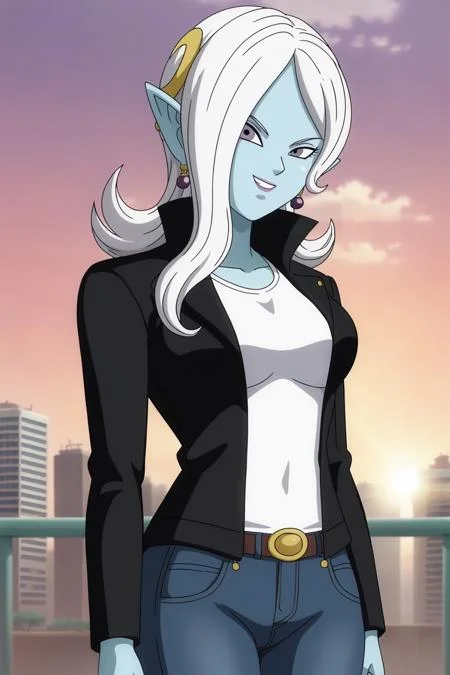 source_anime, score_9, score_8_up, score_7_up, anime screencap, absurdres, official style,
towa, hair ornament, long hair, white hair, hair over one eye, blue skin, colored skin, pointy ears,
black leather jacket, white shirt, jeans, cowboy shot, city, dappled sunlight, evil smile, teeth,
<lora:towa_pony_v1:0.8>