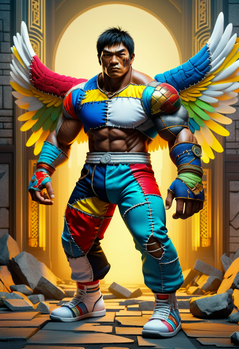 hyper detailed masterpiece, dynamic realistic digital art, awesome quality,DonMFr4nk3nst31nXL patchwork  augmented rocky order asian stocky Guivre,   angelic
 , sewn togather  <lora:DonMFr4nk3nst31nXL-000008:0.8>