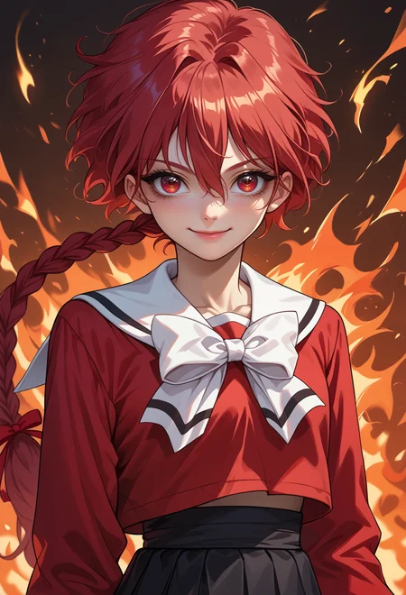 score_9, score_7_up, source_anime, BREAK <lora:AELucy:1>
AEHikaru, red eyes, red hair, hair between eyes, long hair, long braid, braided ponytail, single braid, hair ribbon, red ribbon, serafuku, red shirt, white sailor collar, long sleeves, white bowtie, black skirt, pleated skirt, kneehighs, red socks, black footwear,
smile, standing, portrait, head tilt, fire,