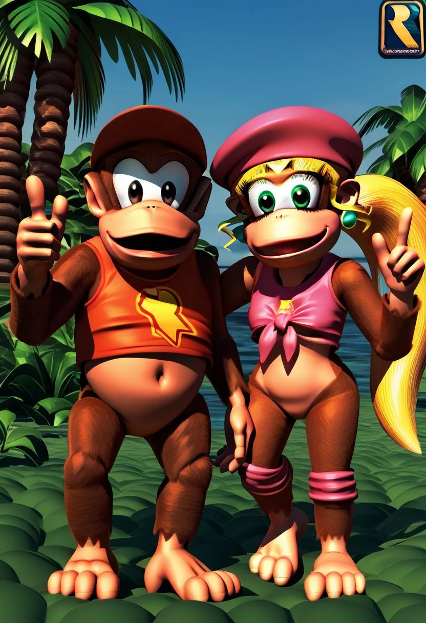 (source_furry, source_cartoon, score_9, score_8_up, score_7_up:1), couple, duo, diddy kong, dixie kong, kong, looking at viewer, thumbs up, winking, 3d
