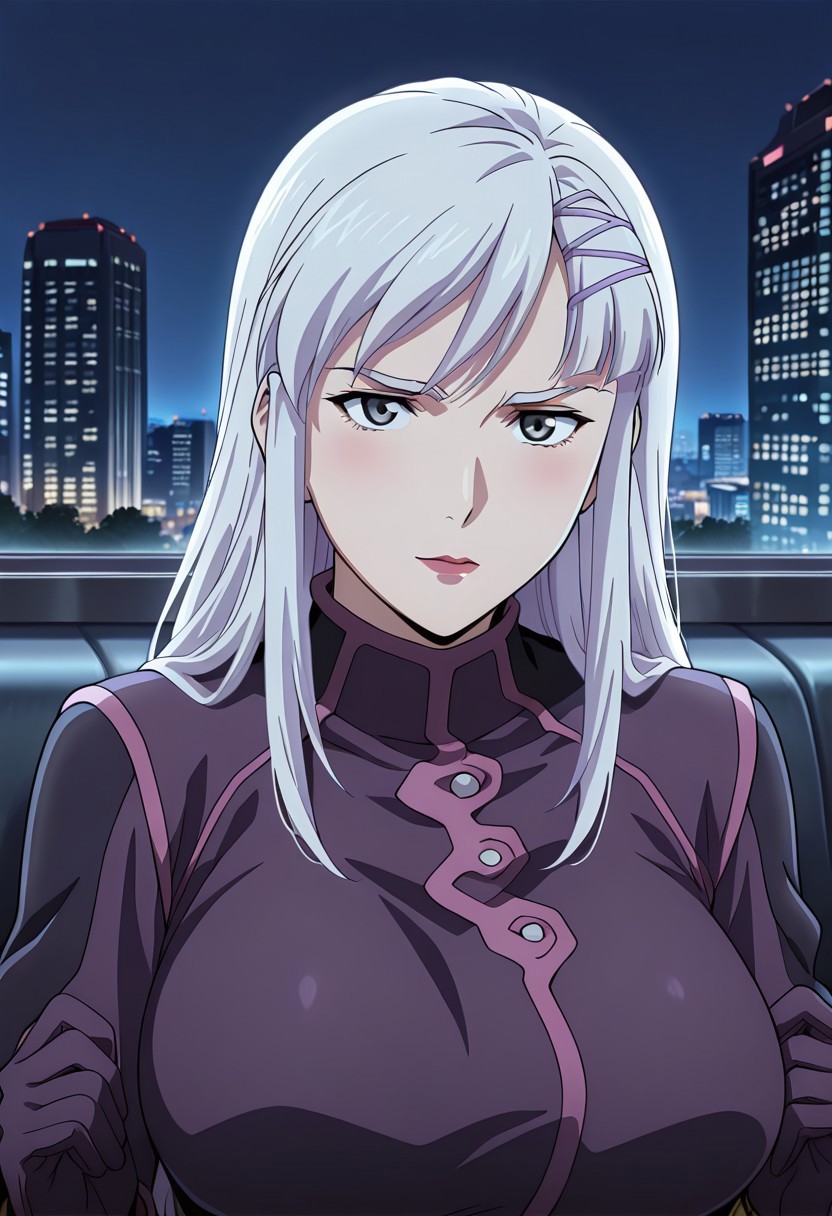 ((masterpiece, absurdres)), best quality, amazing quality, newest, 4k, anime coloring, very aesthetic, ray tracing, Smooth Quality, CG, source_anime, nora polyansky,1 mature female, grey eyes, white long hair, hairclip,purple  military uniform,gloves,city view, street view