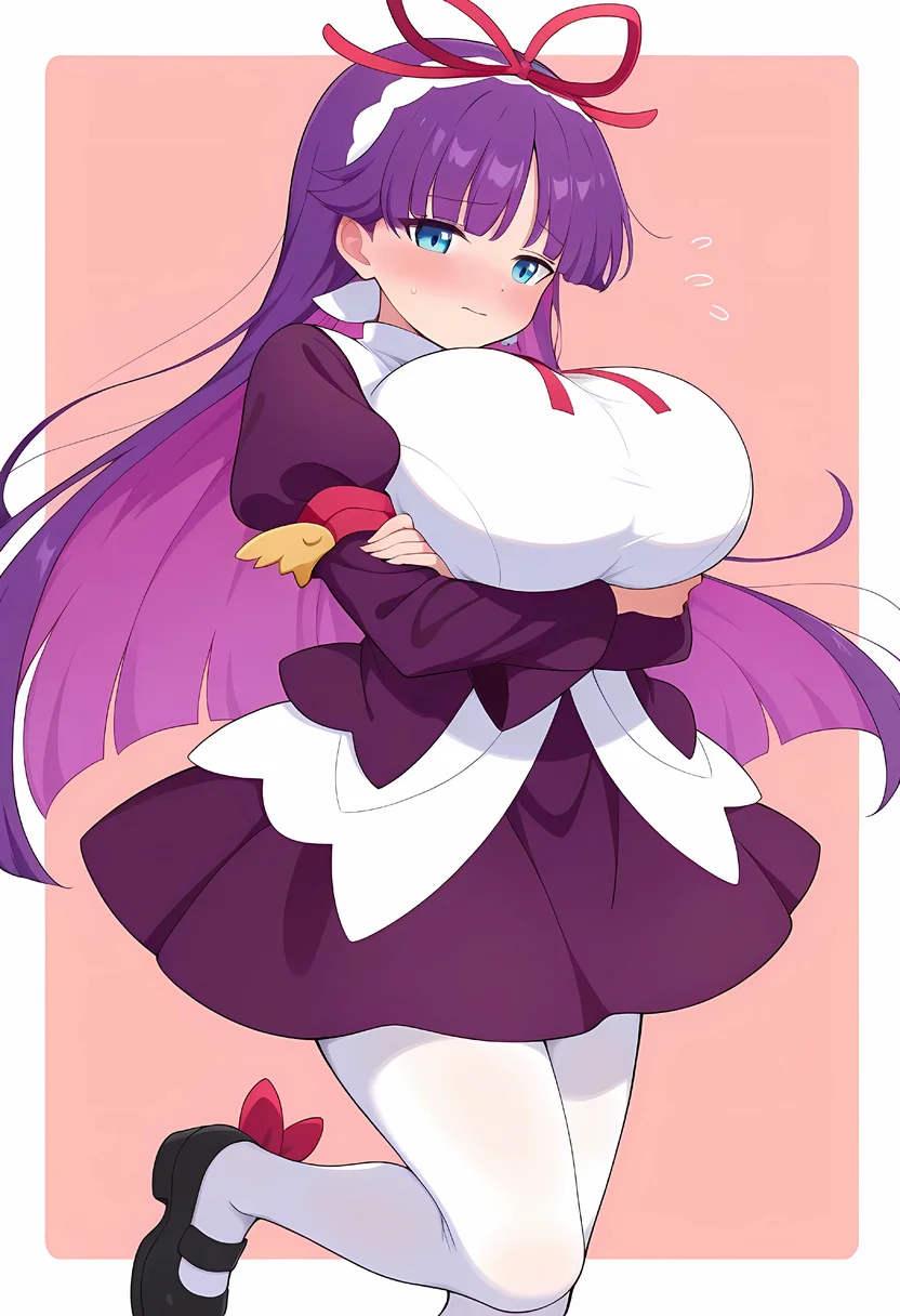 <lora:PFeli_SDXL_Illustrious01_fp16_ver01:1>,PFeli, 1girl, long hair,purple hair, white pantyhose, dress,red ribbon, blue eyes, black footwear,long sleeves, red bow,hairband,big breasts, bigger breasts, huge breasts, gigantic breasts,large breasts,very large breasts, hyper breasts, breasts squeeze, shy, blush, masterpiece, best quality, very aesthetic, absurdres,<lora:detailed_hands:1>,hand