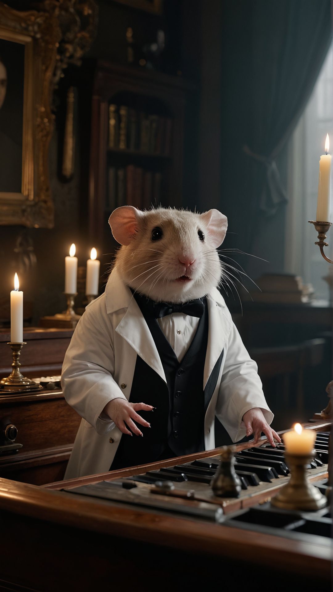 A Victorian-era vampire in a dark, opulent mansion, dressed in elegant, gothic clothing, standing by a grand piano with candles casting eerie shadows A mad scientist hamster in a tiny lab coat, conducting bizarre experiments with miniature beakers and test tubes in a secret lab hidden inside a hamster wheel
Ultra realistic, professional photo, uhd, 8k
<lora:add-detail-xl:1>
<lora:CinematicStyle_v1:0.7>
OverallDetailXL