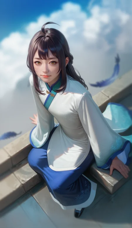 score_9,score_8_up,score_7_up,
<lora:xinxianying:0.9>,xinxianying,
highres,photorealism,bloom,
1girl,solo,long black hair,bangs,ahoge,yellow eyes,looking at viewer,
white and cyan gown,(blue underdress:1.1),black embroidery shoes,
sitting,from above,
blurry background,
outdoors,blue sky,cloud,feathers in the background,
light particlest,Lens Flare,