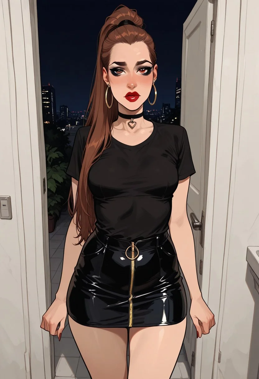 Picture:
score_9, score_8_up, score_7_up, masterpiece, best quality, very aesthetic, (dynamic:1)
Character:
1woman, 30 years old, milf, larkaf, very shy , incoth, (incase:0.6), detailed face, (very big italian nose), night makeup, red lips, eyeliner, black choker with a hollow heart at its center, brown hazel pupils, big round hoop earings,
very long brown straight hair in a tall ponytail.
plain black t-shirt,
tight black short skirt with the zipper in the front,
(very small breasts)
mildly shoked
Scene:
at a tall terrace of a 20 story high building, looking at the viewer
Background: city in the background