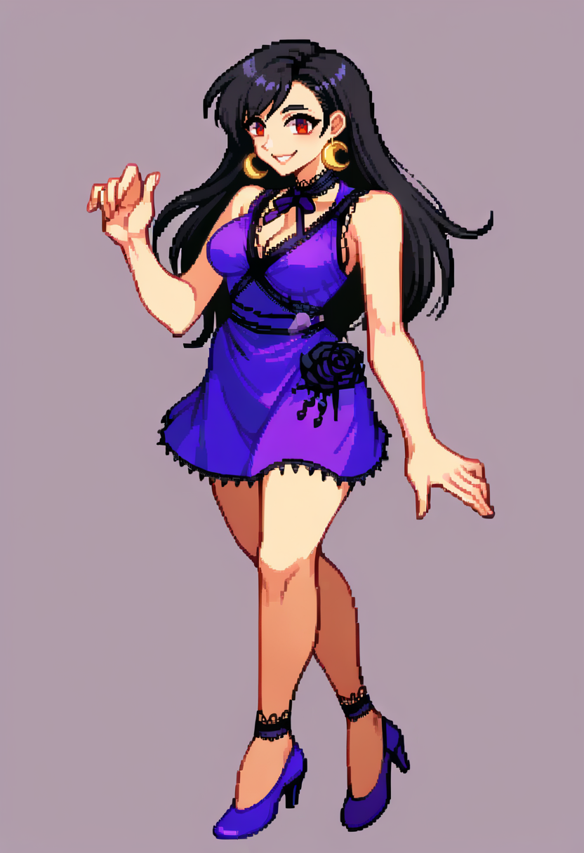 score_9, score_7_up, BREAK, solo, 1girl, smile, looking at viewer,  <lora:CPS2-pdxl_Fp:1>, simple background, full body, pixel art,  <lora:tifa-pdxl-nvwls-v1:0.8>, mdTif, red eyes, black hair, long hair, crescent earrings, lace choker, cleavage, purple dress, sleeveless, short dress, purple high heels