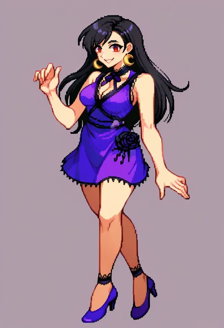 score_9, score_7_up, BREAK, solo, 1girl, smile, looking at viewer, <lora:CPS2-pdxl_Fp:1>, simple background, full body, pixel art, <lora:tifa-pdxl-nvwls-v1:0.8>, mdTif, red eyes, black hair, long hair, crescent earrings, lace choker, cleavage, purple dress, sleeveless, short dress, purple high heels