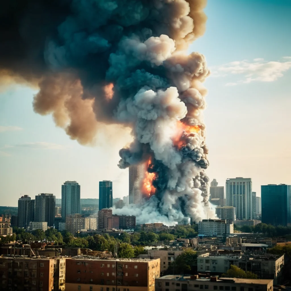 cinematic film still of  <lora:cinematic explosion style:1.5>
a large cloud of smoke and shock wave from a big explosion is seen in a big city reaching the sky cinematic explosion style, shallow depth of field, vignette, highly detailed, high budget, bokeh, cinemascope, moody, epic, gorgeous, film grain, grainy