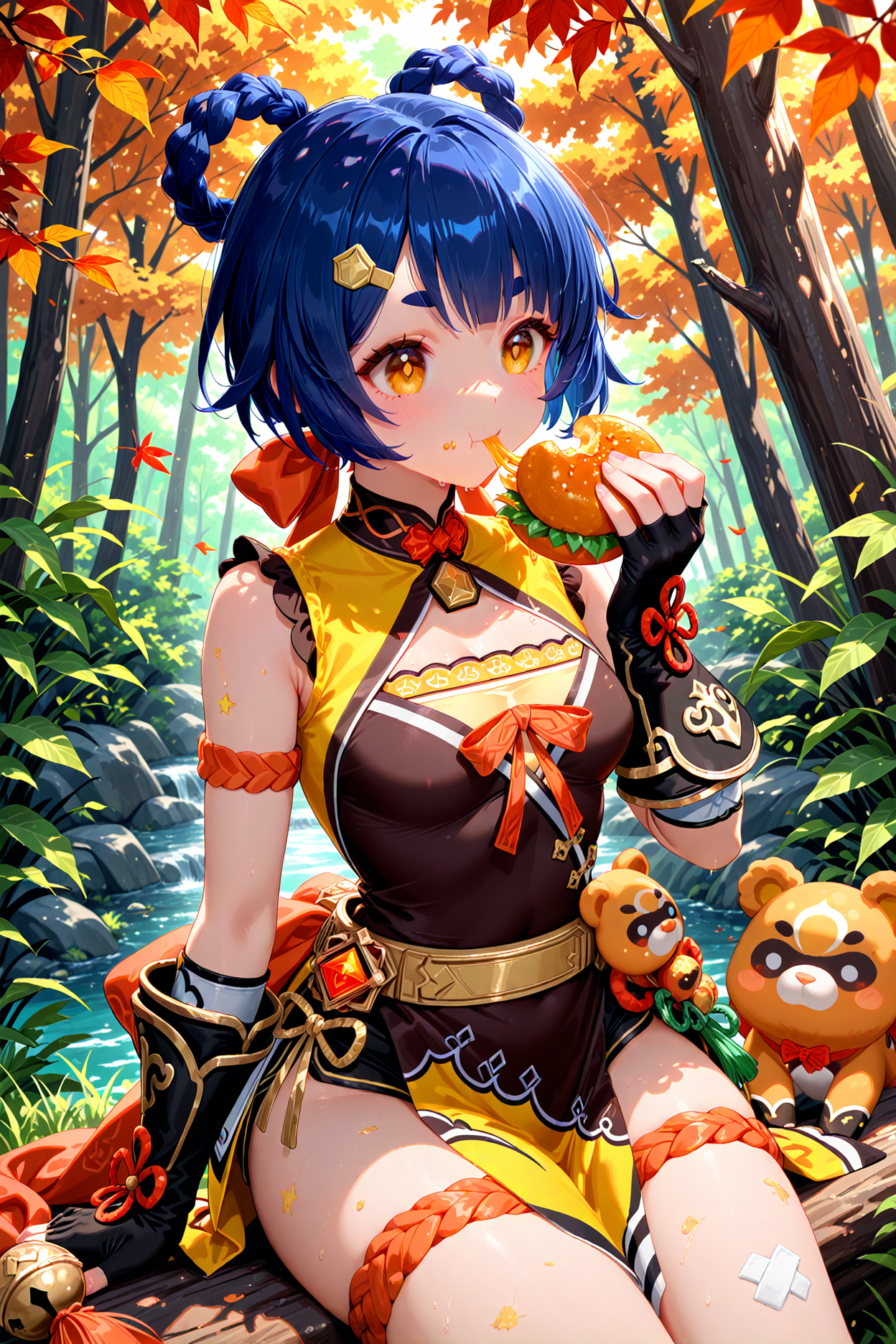 1girl, xiangling \(genshin impact\), eating, nature, masterpiece, best quality