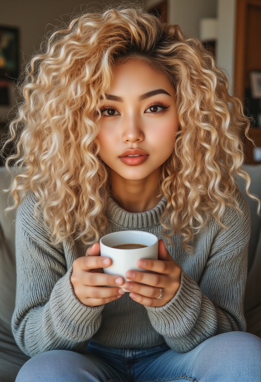 FictionalMaya, tanned skin and blond curly hair. wearing a large comfy grey wool sweater and holding a cup of coffee, on the couch