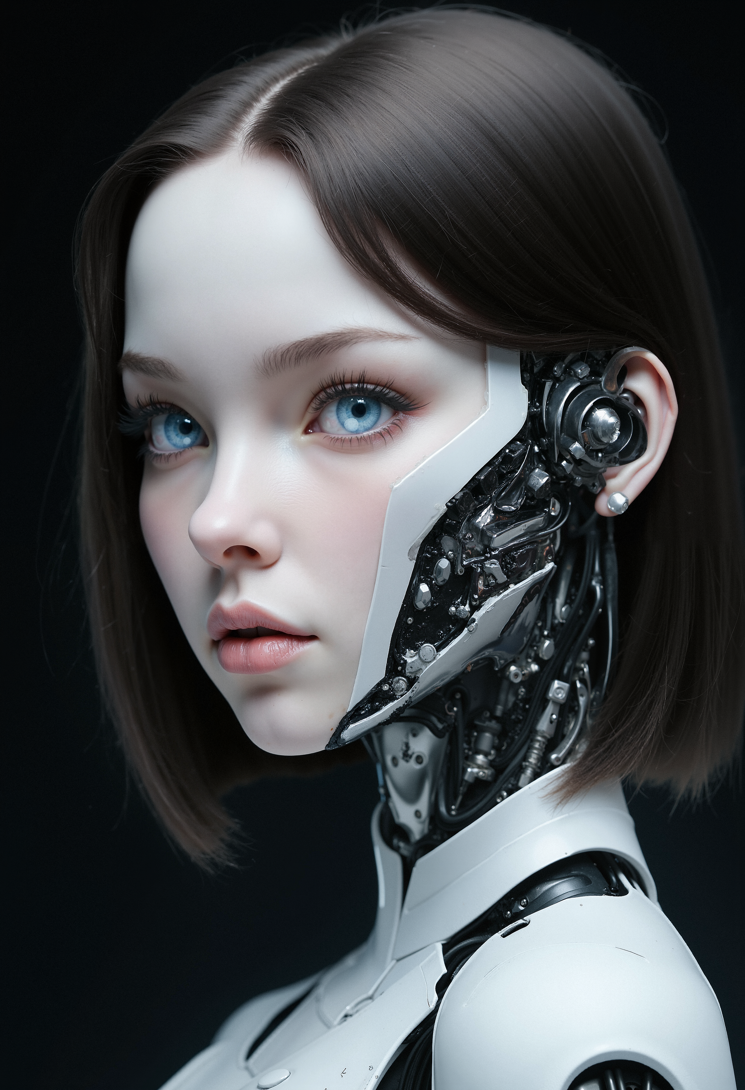 Close-up of a futuristic female android with a partially revealed mechanical structure. Her human-like face has pale, smooth skin with a natural makeup look, emphasizing soft pink lips and lightly blushed cheeks. Her striking bright blue eyes have a slight glow, framed by long, dark lashes and perfectly shaped dark eyebrows. The right side of her neck and jaw are exposed, revealing intricate mechanical parts, including metallic cables, joints, and panels. The android has shoulder-length dark brown hair, styled smoothly and pulled back, with no visible hair accessories. She wears a simple white garment, which is partially visible and minimalist in design. The mechanical details seamlessly blend with her human appearance, creating a harmonious contrast.   The lighting is soft, highlighting her face and the metallic parts, with subtle shadows adding depth. The background is dark and minimalistic, allowing full focus on the subject. The style is hyper-realistic with high detail in the textures of both human skin and the mechanical components, making the image feel lifelike yet futuristic.    <lora:FluxDFaeTasticDetails:0.8> <lora:aidmaImageUpgrader-FLUX-V0.1:0.33> detailmaximizer,