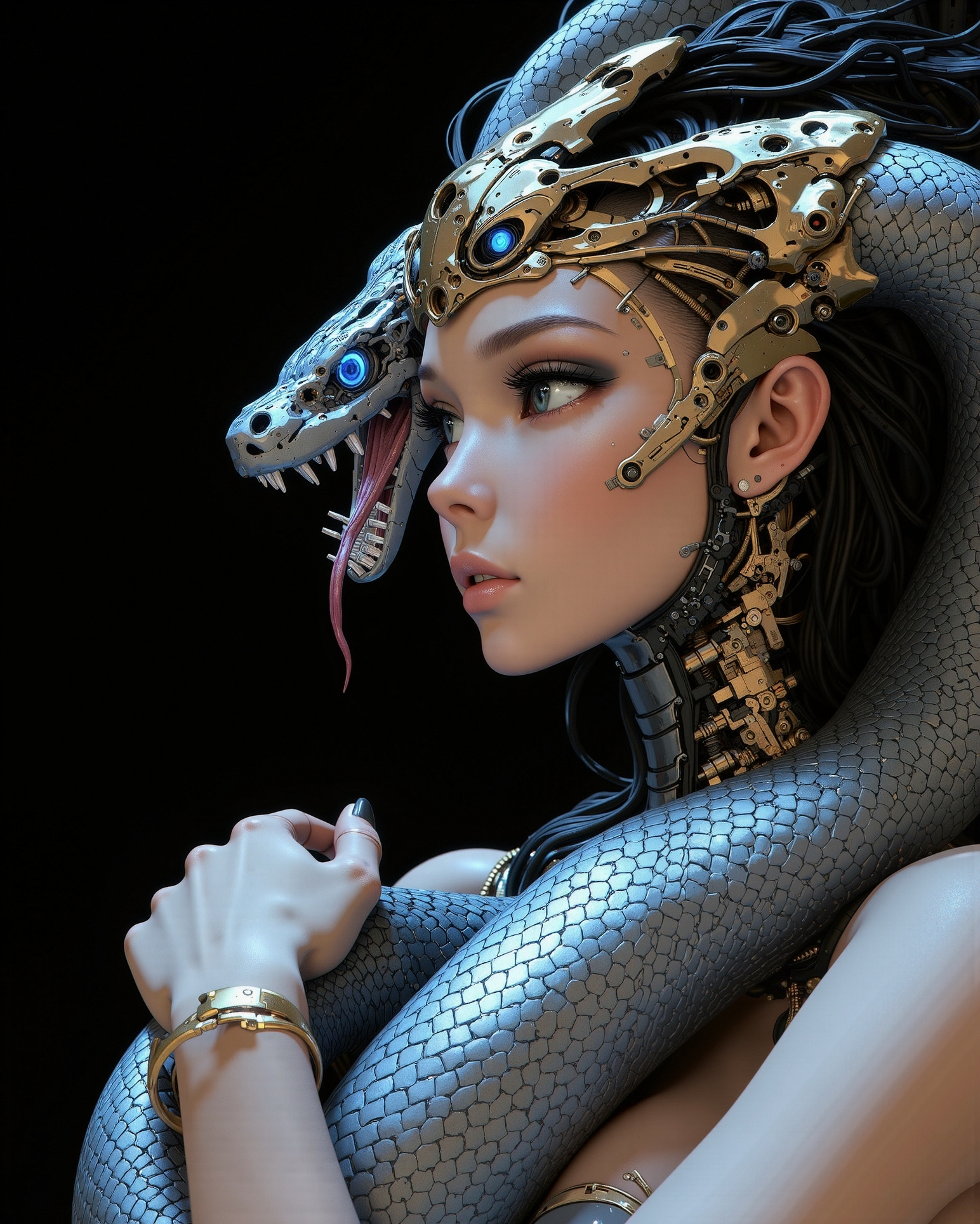 digital art, portraying a beautiful woman of legendary power and royal design, a cybernetic empress inspired by Cleopatra, radiating seductive elegance and synthetic perfection. Her form is a seamless blend of polished bronze and black chrome, soft matte ceramic plating sculpted into the curves of her cheek, collarbone, and neck. Thin lines of gold-circuit etching trace her face and shoulders like ancient ritual markings, glowing softly with internal energy. Her obsidian eyes—liquid and unreadable—lock onto the viewer with mechanical precision and human depth.
Her side profile is breathtaking—part flesh, part divine machine. The iconic nemes headdress is reimagined in gilded alloys, its fabric segments replaced by flexible, textured nanometal layers that ripple with light. The sacred uraeus cobra crown is fused into her forehead, its mechanical fangs poised forward, eyes glowing like twin suns.
Coiled around her in an intimate embrace is a massive python—also a biomechanical construct. Its coils wrap protectively around her torso and arms, silver-plated scales interlocking like armor plating. The snake’s head is positioned close—its mouth wide open in a dramatic, signature strike pose. Fangs like surgical blades gleam under ambient light, its tongue a segmented filament flicking outward. Hydraulic tension is visible in its open jaw and serpentine neck.
Despite the danger, there is affection in the composition—a strange tenderness between apex predator and empress. Their bodies touch without conflict; they are bonded, symbiotic, divine.
Focus on the hyperreal textures of biomechanical integration—skin to alloy, scale to plating. Lighting should come from embedded systems within the bodies and cool ambient glows, casting soft reflections on titanium and gold surfaces. The gaze of both beings pierces the viewer, a blend of post-human seduction and silent warning.
Mood: mythic futurism, divine symbiosis, elegance fused with destruction.
Style Reference: inspired by H.R. Giger’s biomechanical elegance, high-fashion robotics, and cyber-pharaoh symbolism. Think Blade Runner meets ancient Egypt in deep space.
Composition: intimate portrait close-up, cool-toned lighting, soft shadows, detailed focus on Cleopatra’s side profile and the python’s fearsome open mouth near her face.