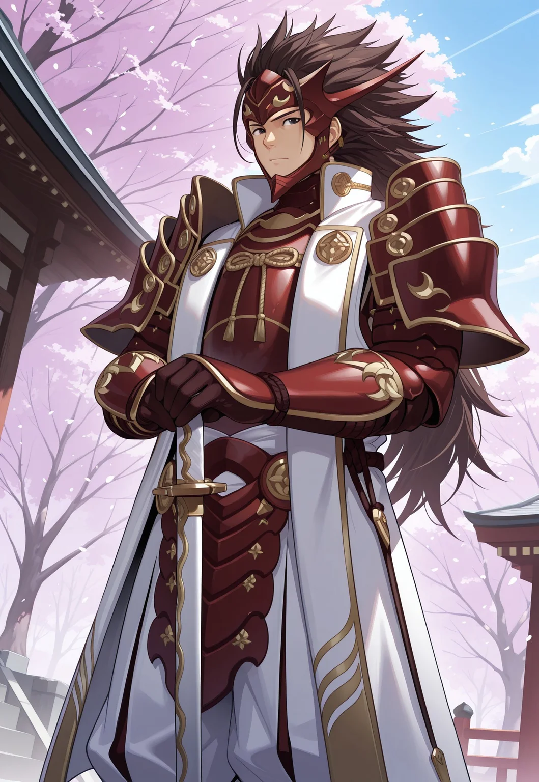 safe_pos, safe_pos, masterpiece, best quality, newest, extreme detail description, amazing quality, 1boy, solo, ry0m4_fe, brown hair, black eyes, long hair, spiked hair, Japanese armor, shoulder armor, gauntlets, gloves, helmet, white pants, armored boots, katana, sheath, hands on hilt, dutch angle, trees, cherry blossoms, japanese architecture, outside, sunny