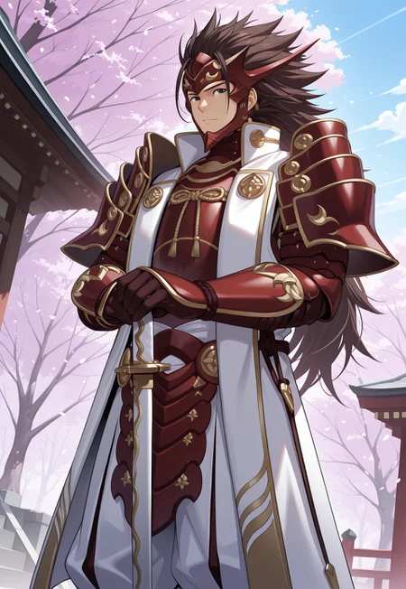 safe_pos, safe_pos, masterpiece, best quality, newest, extreme detail description, amazing quality, 1boy, solo, ry0m4_fe, brown hair, black eyes, long hair, spiked hair, Japanese armor, shoulder armor, gauntlets, gloves, helmet, white pants, armored boots, katana, sheath, hands on hilt, dutch angle, trees, cherry blossoms, japanese architecture, outside, sunny