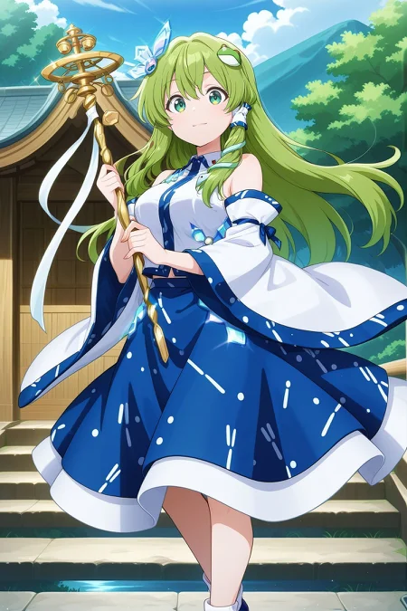 absurdres, highres, masterpiece, best quality, amazing quality, official anime artwork, screencap, anime screencap, outdoors, looking at viewer, light smile, dynamic pose,
<lora:Sanae-Kochiya_IllustriousV2:1> kochiya sanae, 1girl, solo, green eyes, green hair, long hair,, kochiya sanae \(hand in hand with a miracle\), adapted costume, crystal hair ornament, white shirt, detached sleeves, wide sleeves, blue skirt, white socks, blue shoes, holding staff, shakujou, staff, crystal,