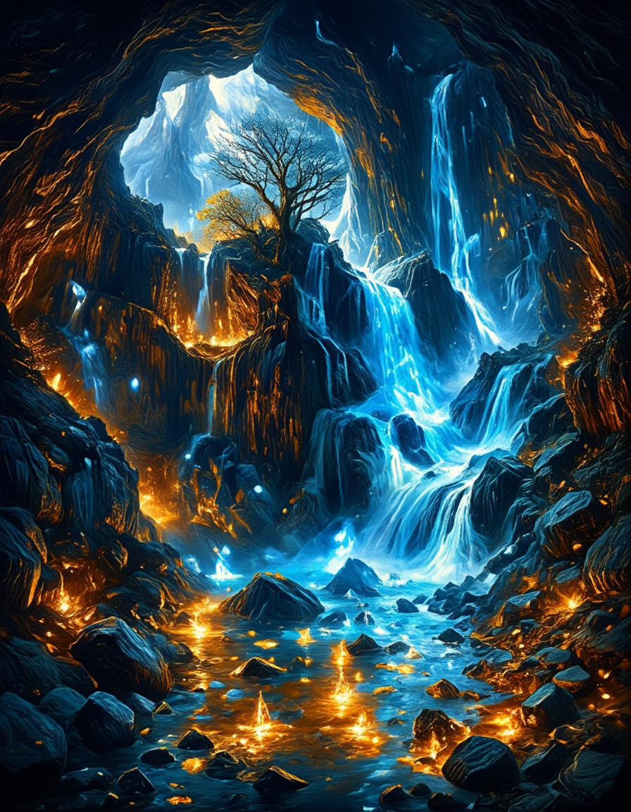 <lora:Medieval_Worlds_Scenery01cflux:1> mwl01, scenery, bokeh, trees, fantasy, rocks, shiny diamonds, photo, small river, in a cave, frozen walls, waterfall, gold, blue, marble, T5