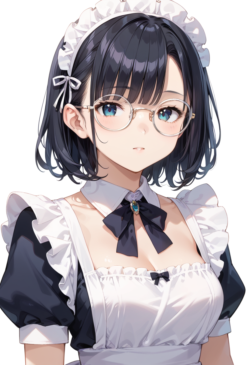 score_9, score_8_up, score_7_up, rating_safe, masterpiece, best quality, absurdres, unity 8k wallpaper, official art, official style, source_anime, uncensored, game cg, megami magazine,
1girl, solo, black hair, medium hair, upper body, covered eyes,maid, maid headdress, black dress, maid apron, face focus,
round_glasses22A, glasses, still life, white background, simple background, white-framed eyewear,
 <lora:glasses_Round_PONY_V1:1>